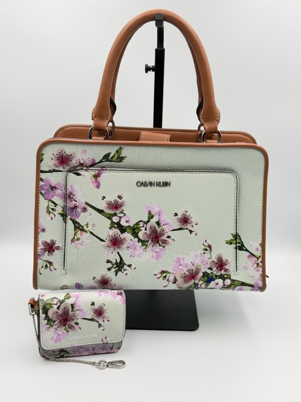 Calvin Klein Margot Satchel Cherry Blossom Floral Print + Coin Purse Set Mint